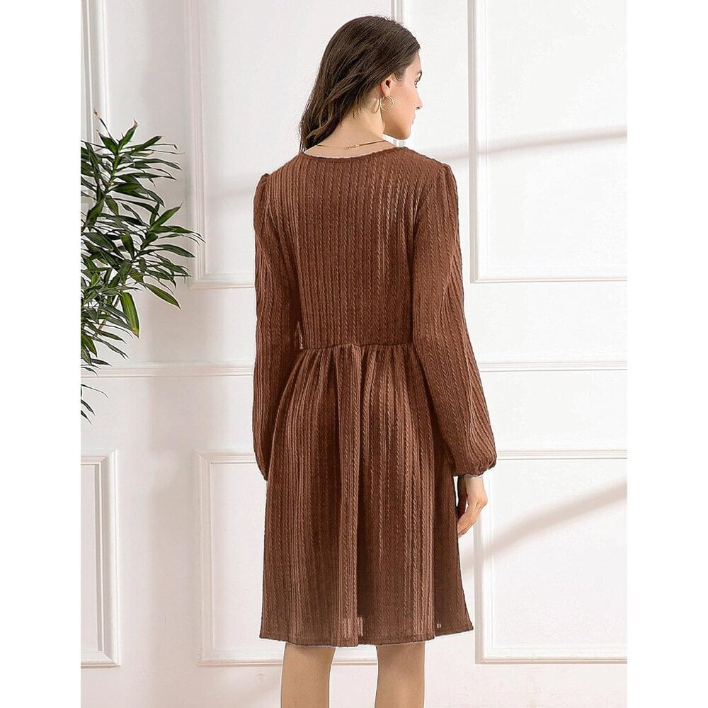 Women's Knit Sweater Dress with Pockets Crew Neck Long Sleeve A-Line - Picture 5 of 6